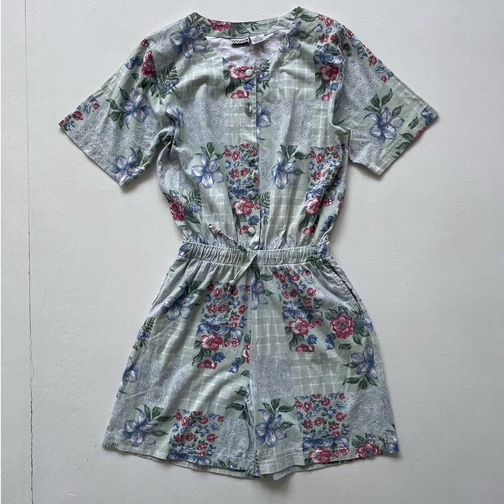 Vtg 90s Floral Plaid Patchwork Shorts Cotton Romper / Sz M / Cottagecore Casual